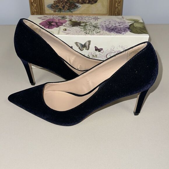 Mango 8-8.5 Midnight Navy Blue Velvet Pumps Stilettos Pointy Toe Heels - Picture 3 of 12